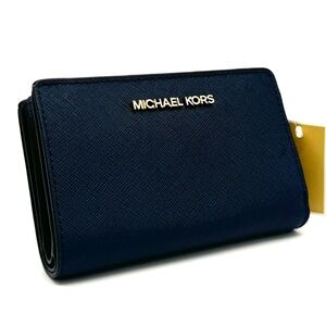 Michael Kors Medium Bifold Zip Chain Wallet Navy Blue